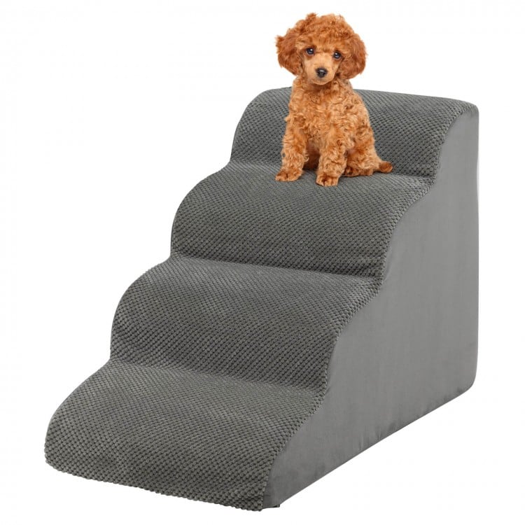 4-tier foam dog steps in gray with non-slip surface, designed for easy climbing for pets with mobility issues.